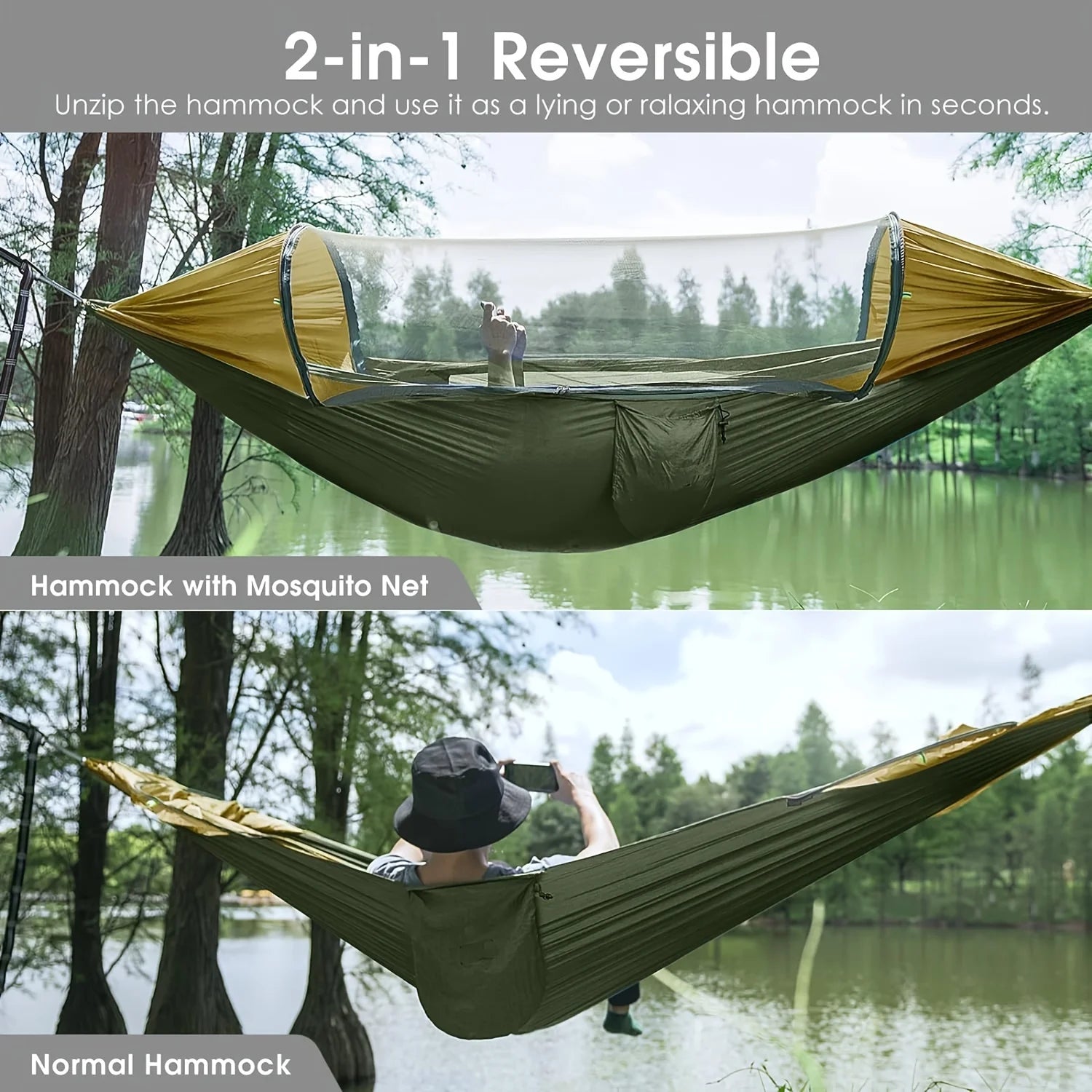 1pc Large Camping Hammock With Mosquito Net 2 Person Pop-up Parachute Lightweight Hanging Hammocks Tree Straps Swing Hammock Bed