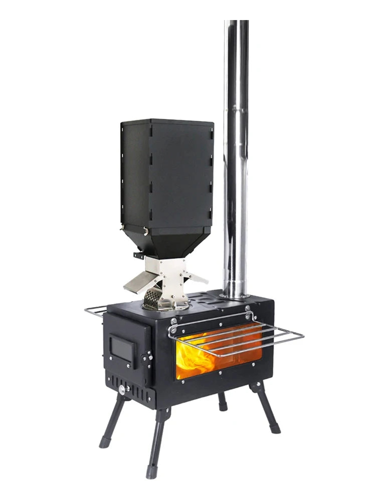 Portable windproof outdoor pellet fire wood heater with burner stove bin for camping tent