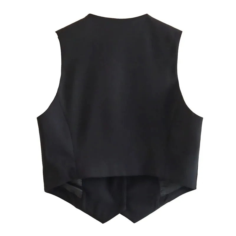 TRAF Short Women Vest Top V-Neck Sleeveless Button Lady Waistcoat  Elegant Office Lady Top