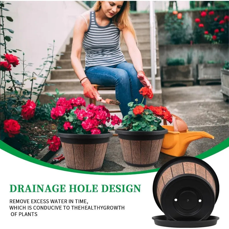 Whiskey Barrel Planters with Drainage Holes & Saucer