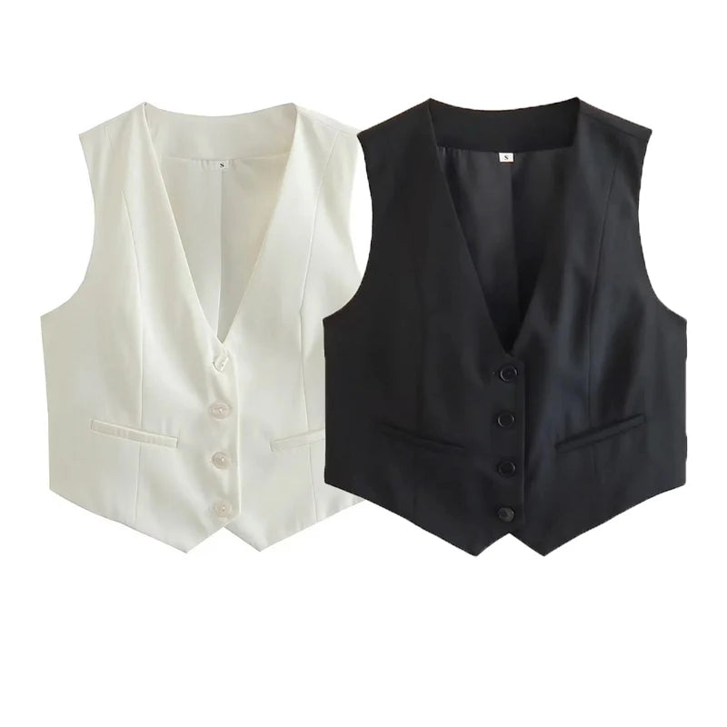 TRAF Short Women Vest Top V-Neck Sleeveless Button Lady Waistcoat  Elegant Office Lady Top