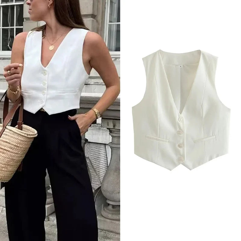 TRAF Short Women Vest Top V-Neck Sleeveless Button Lady Waistcoat  Elegant Office Lady Top