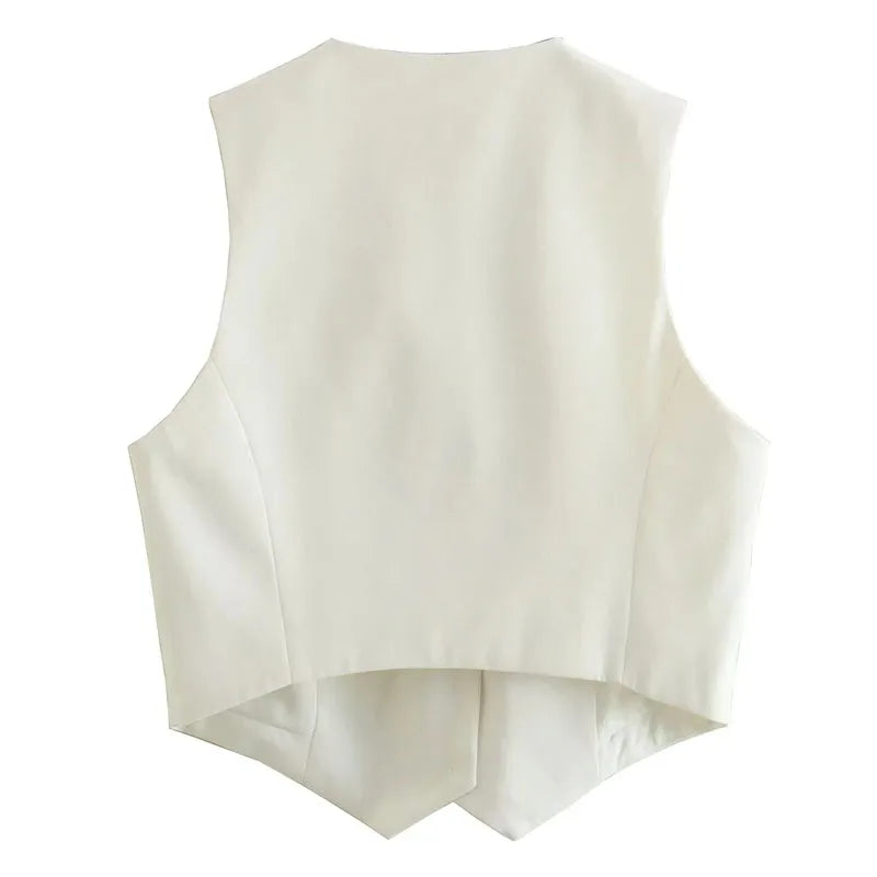 TRAF Short Women Vest Top V-Neck Sleeveless Button Lady Waistcoat  Elegant Office Lady Top