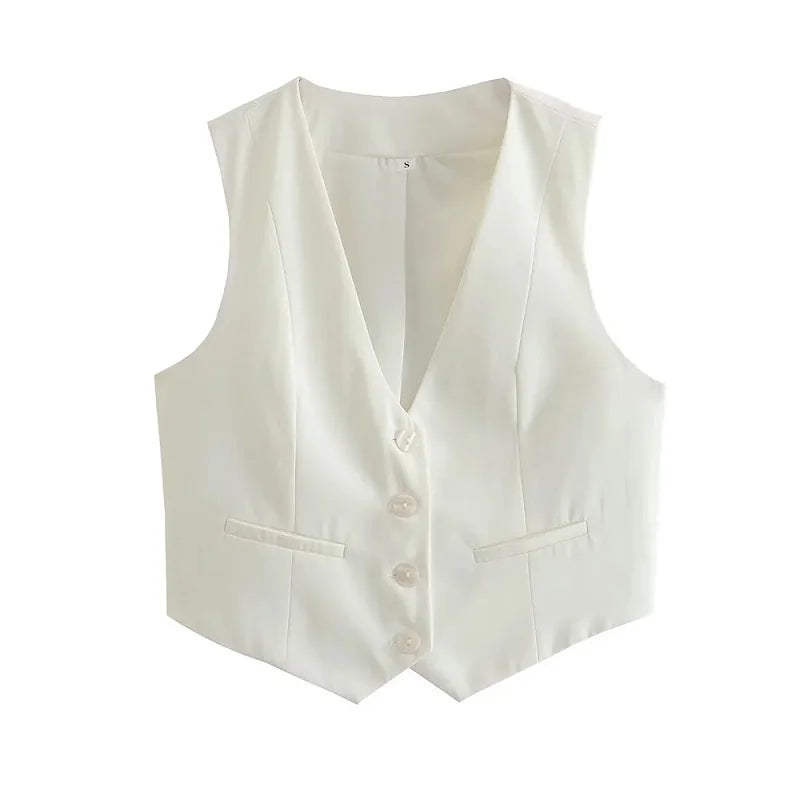 TRAF Short Women Vest Top V-Neck Sleeveless Button Lady Waistcoat  Elegant Office Lady Top