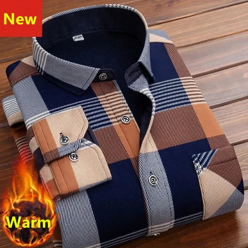 2024 Men's Autumn Winter Casual Long Sleeve Plaid Shirt Thick Warm Men's Casual High Quality Soft Large Size Warm Shirt Tops 4XL