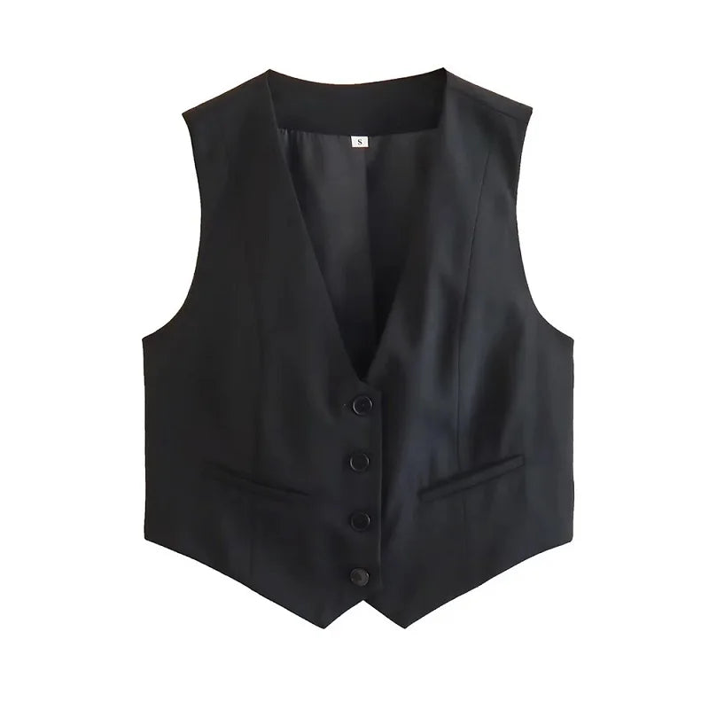 TRAF Short Women Vest Top V-Neck Sleeveless Button Lady Waistcoat  Elegant Office Lady Top